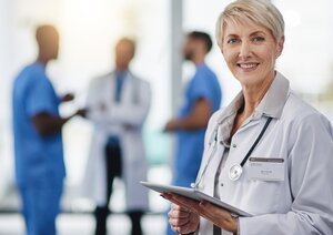 Picture of a female doctor with three male doctors in the background.